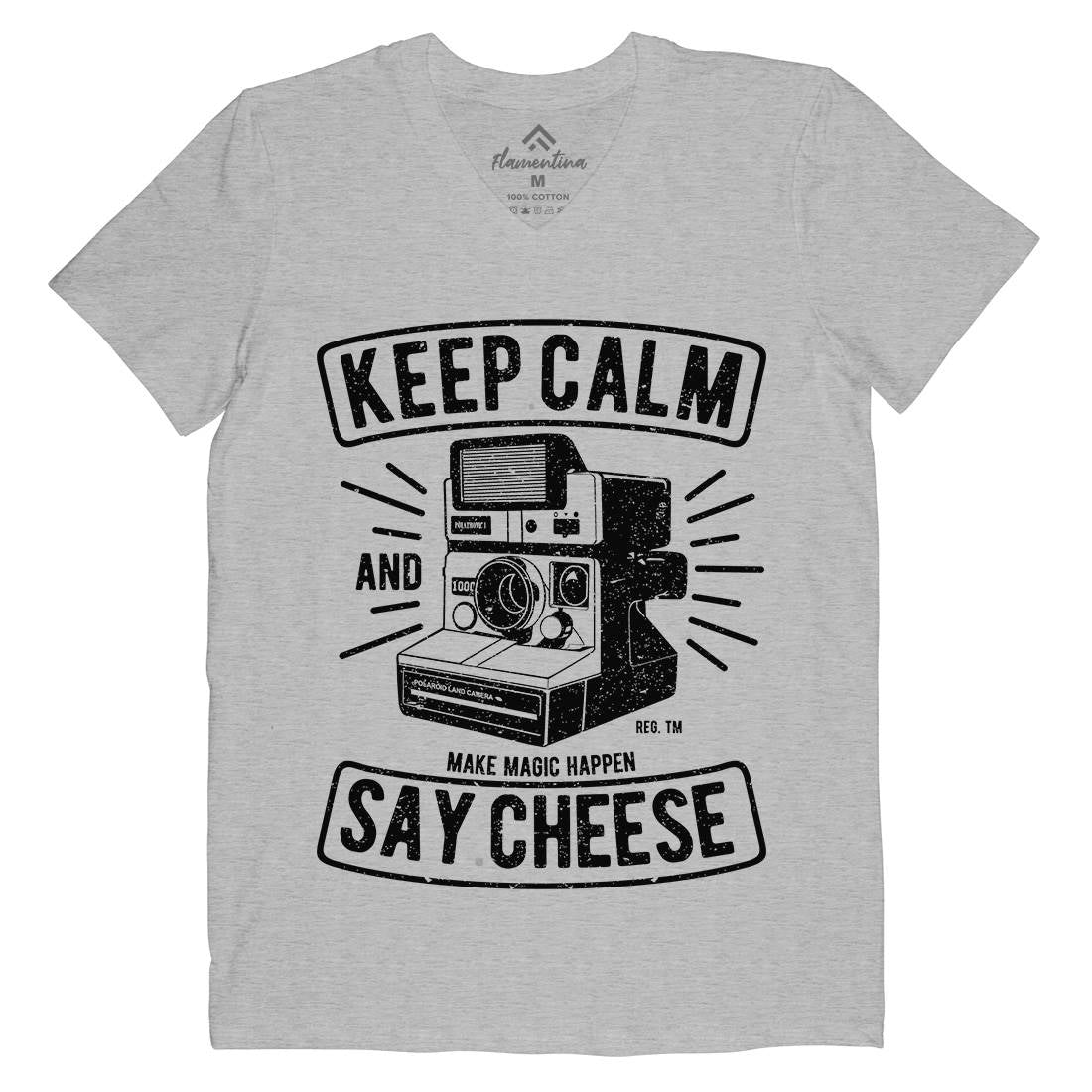 Keep Calm And Say Cheese Mens Organic V-Neck T-Shirt Media A699