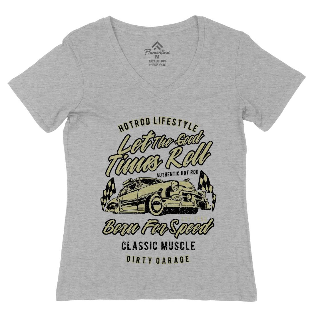 Let The Good Times Roll Womens Organic V-Neck T-Shirt Cars A705