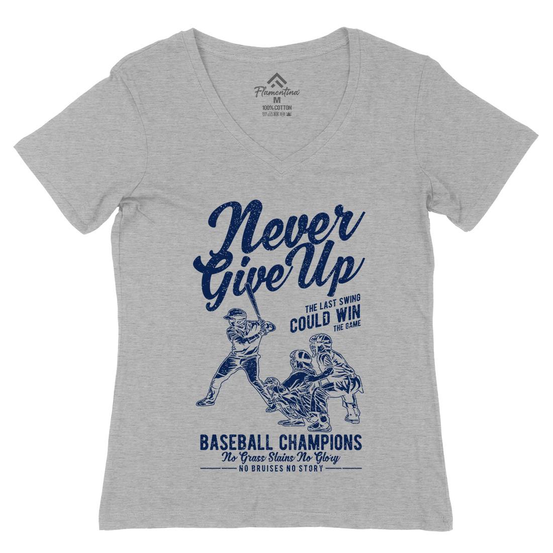 Never Give Up Baseball Womens Organic V-Neck T-Shirt Sport A728