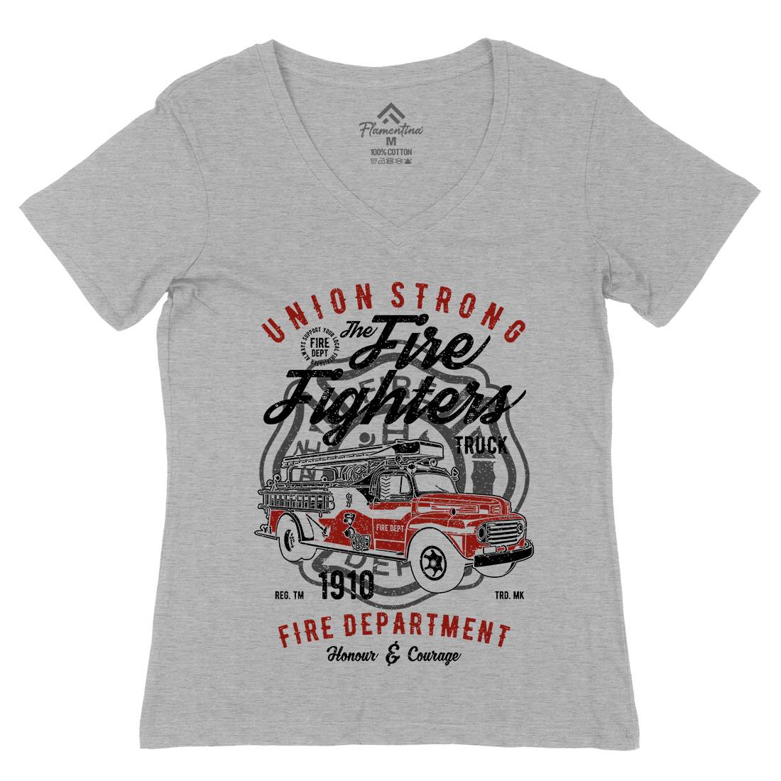 Union Strong Womens Organic V-Neck T-Shirt Firefighters A781