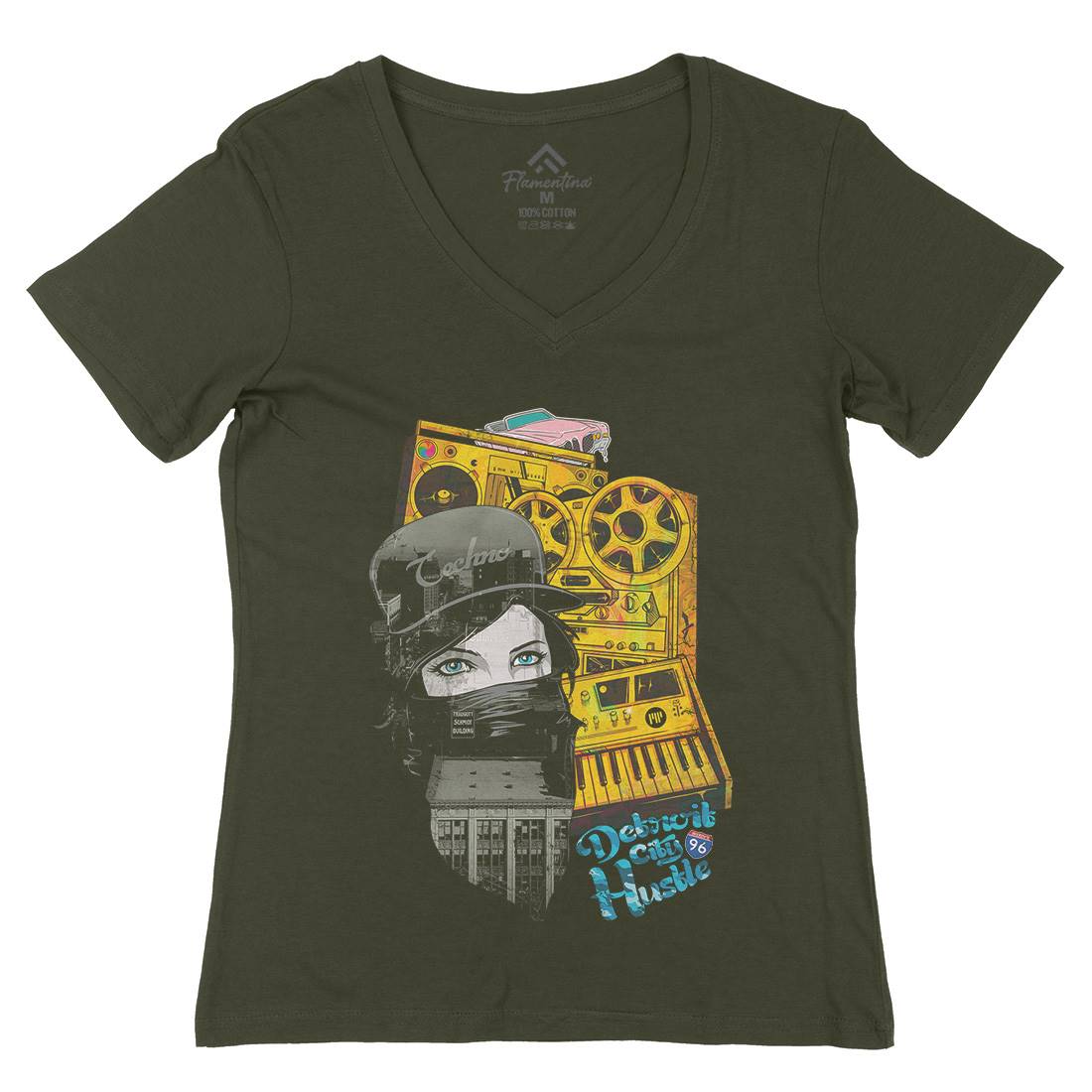 Detroit Hustle Womens Organic V-Neck T-Shirt Art A821