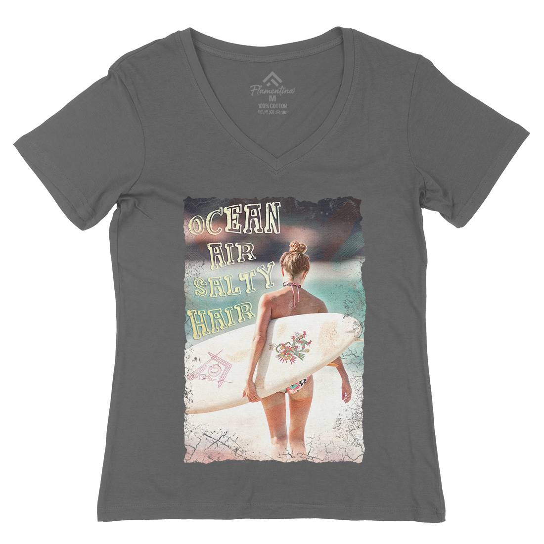 Ocean Air Salty Hair Womens Organic V-Neck T-Shirt Surf A889