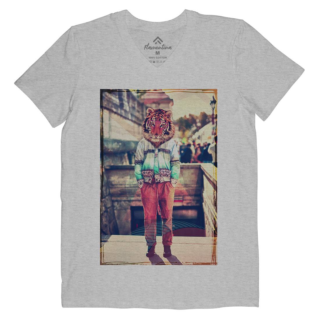 Tiger Head Mens Organic V-Neck T-Shirt Art A930