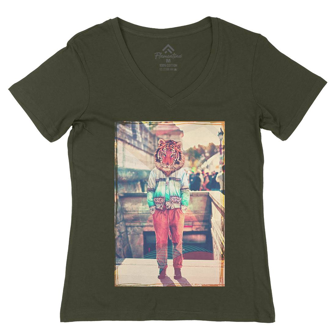 Tiger Head Womens Organic V-Neck T-Shirt Art A930