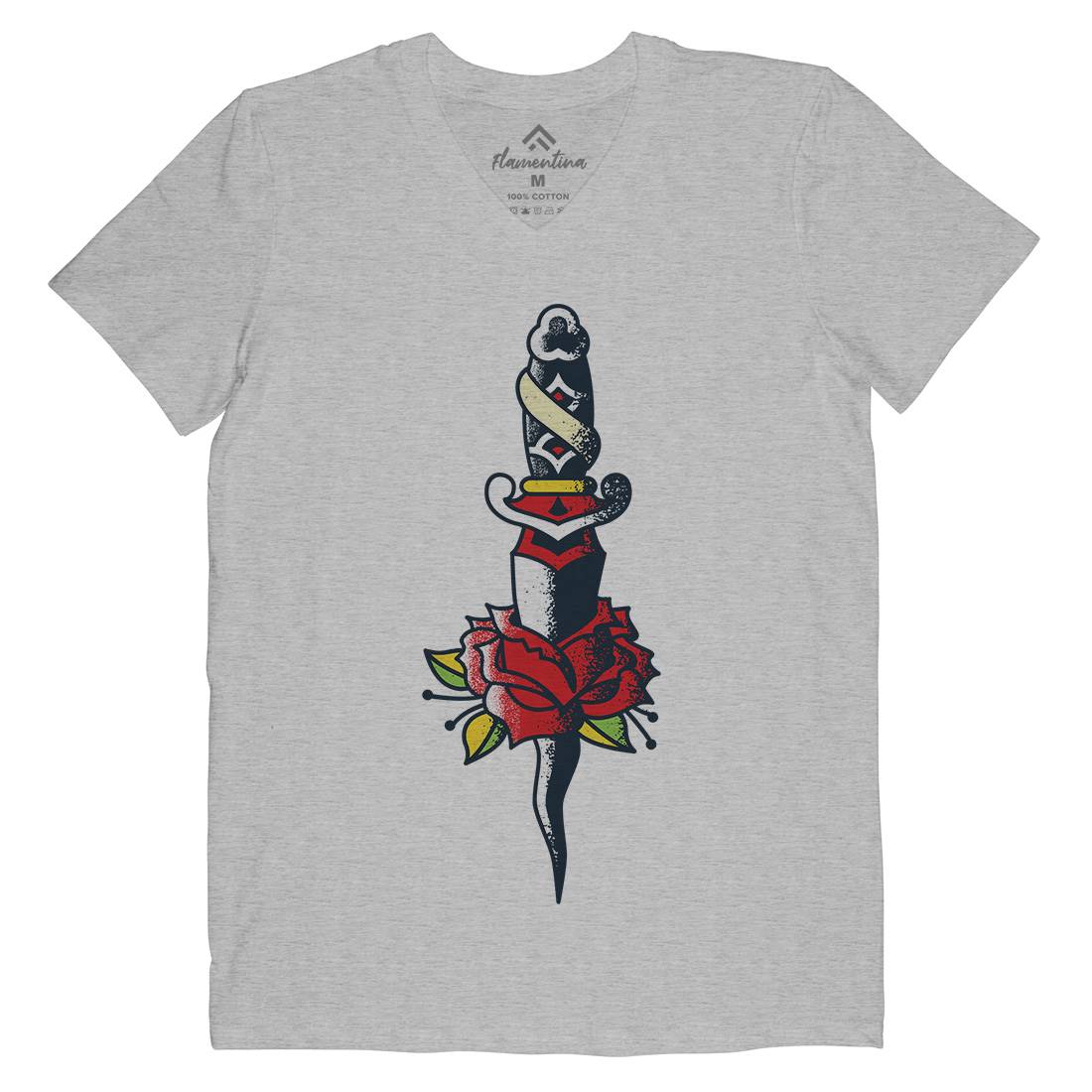 Dagger Roses Mens Organic V-Neck T-Shirt Tattoo A946