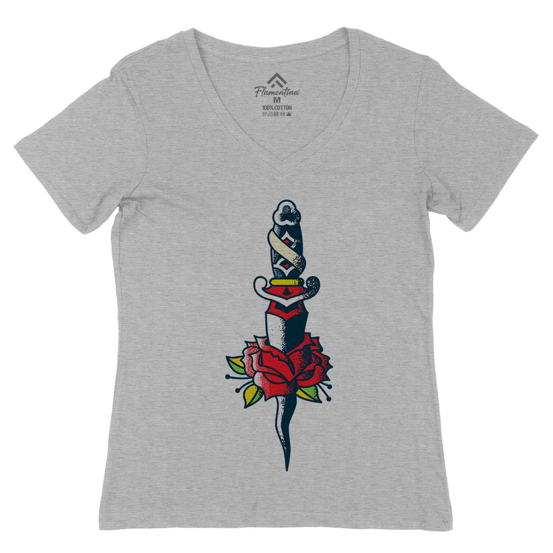 Dagger Roses Womens Organic V-Neck T-Shirt Tattoo A946