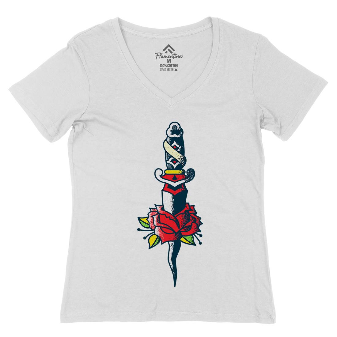 Dagger Roses Womens Organic V-Neck T-Shirt Tattoo A946