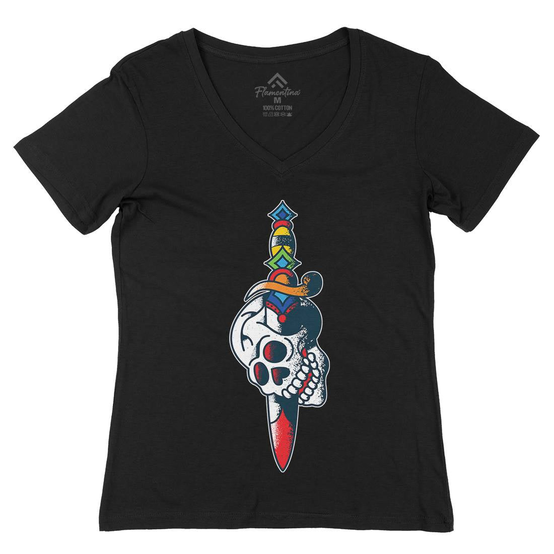 Dagger Skull Womens Organic V-Neck T-Shirt Tattoo A950