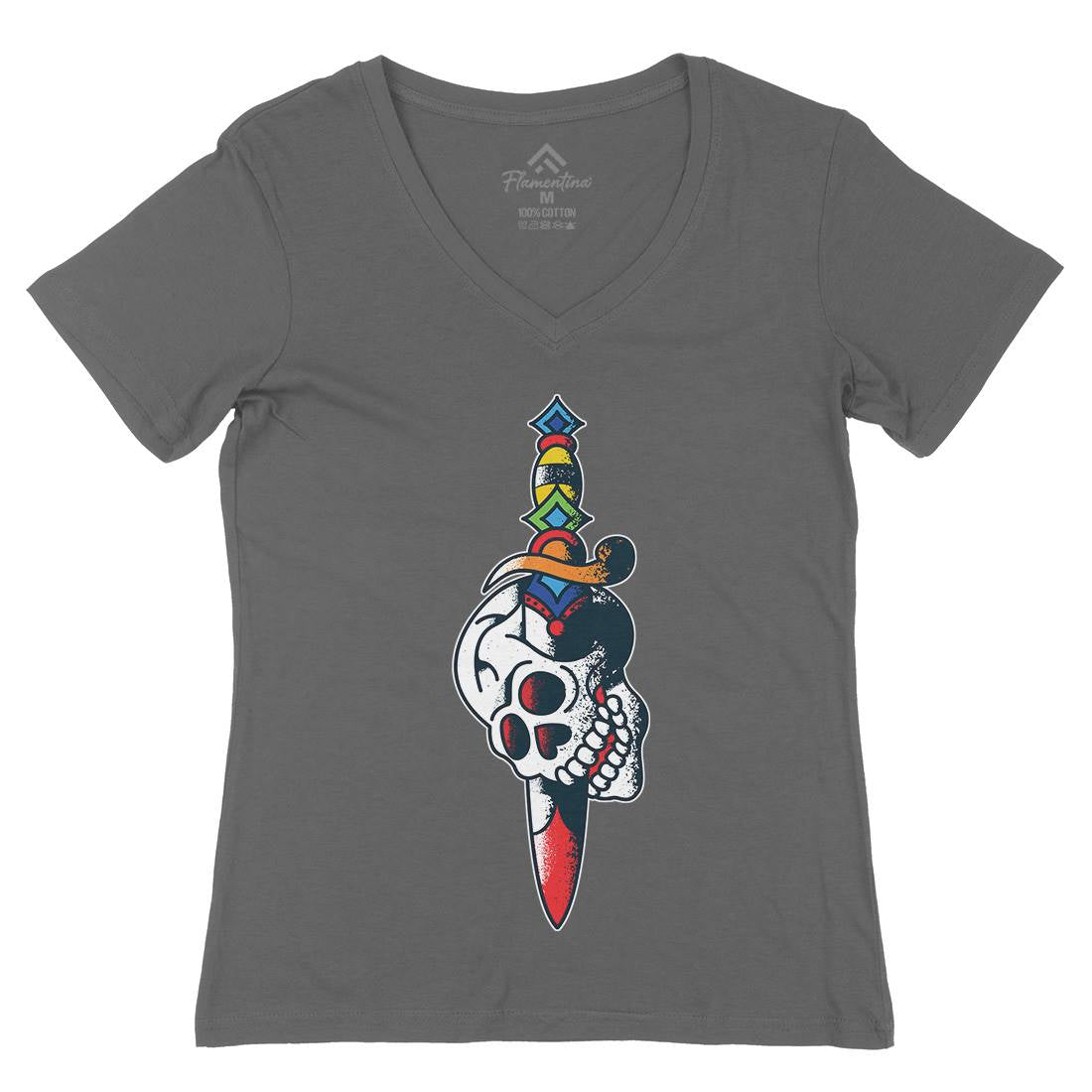 Dagger Skull Womens Organic V-Neck T-Shirt Tattoo A950