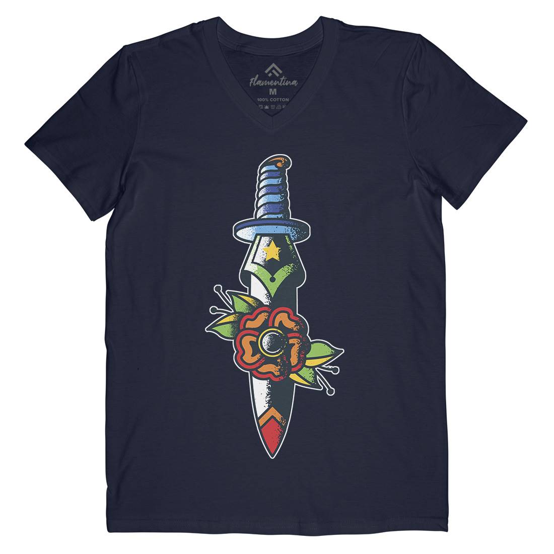 Dagger Flower Mens Organic V-Neck T-Shirt Tattoo A951