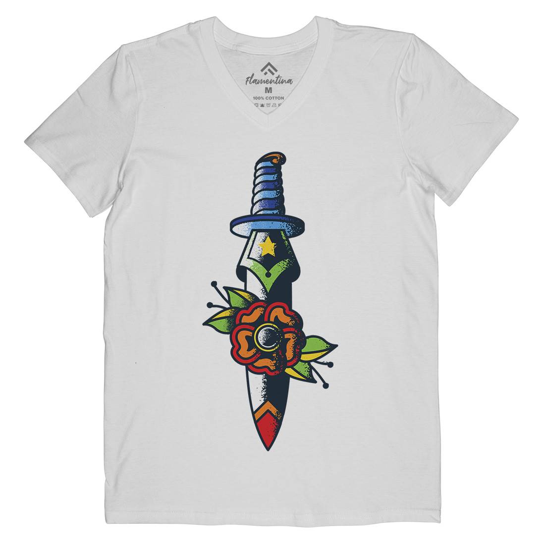 Dagger Flower Mens Organic V-Neck T-Shirt Tattoo A951