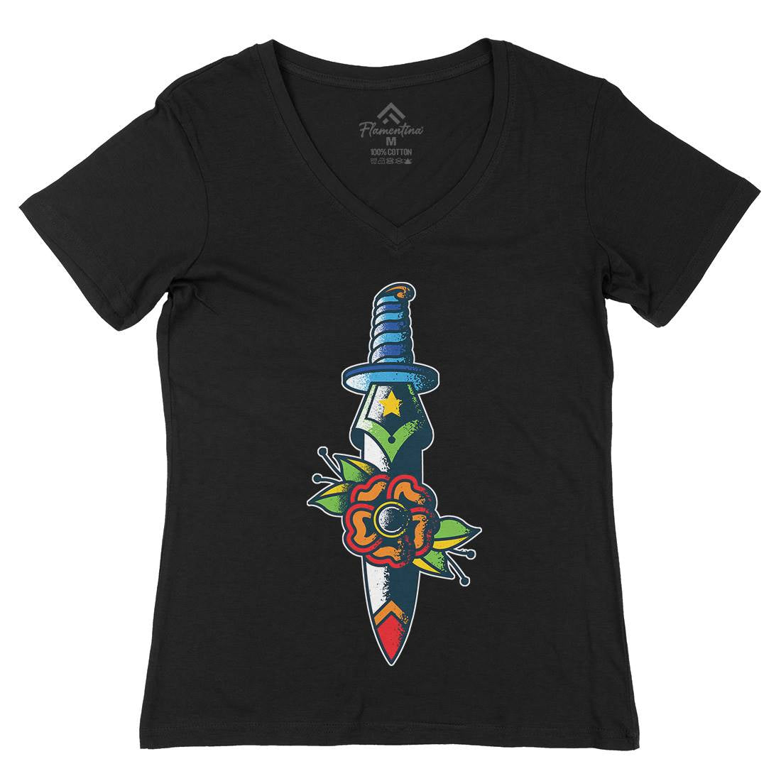 Dagger Flower Womens Organic V-Neck T-Shirt Tattoo A951