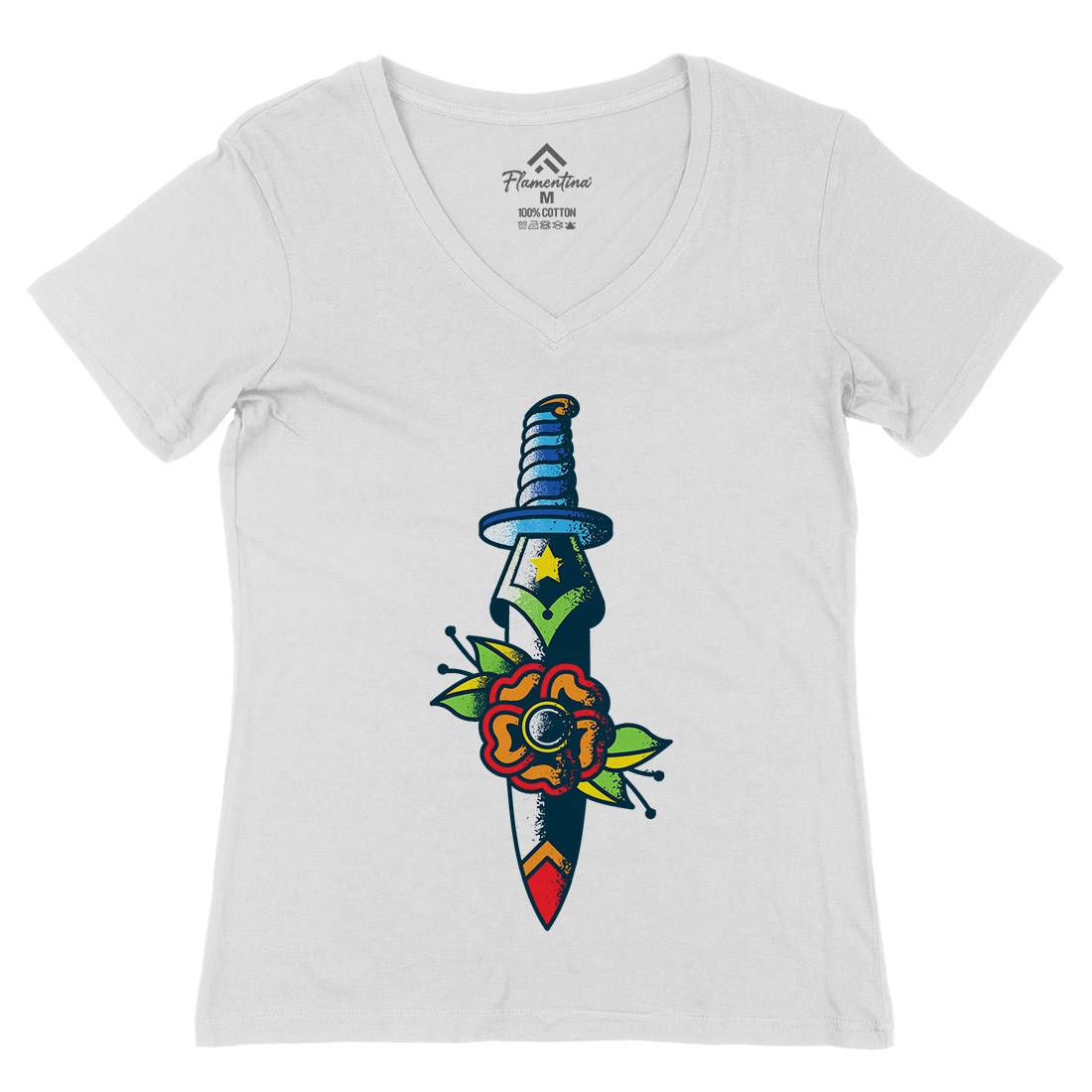 Dagger Flower Womens Organic V-Neck T-Shirt Tattoo A951
