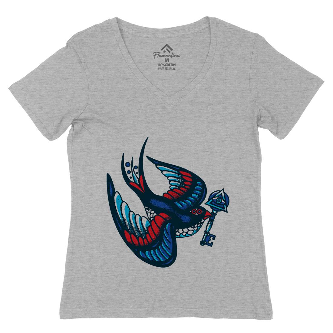 Bird Womens Organic V-Neck T-Shirt Tattoo A967