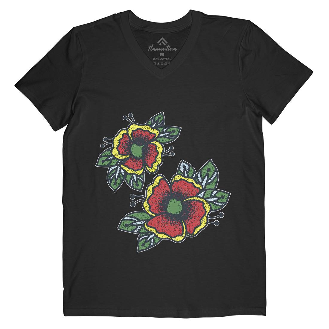 Flowers Mens Organic V-Neck T-Shirt Tattoo A968