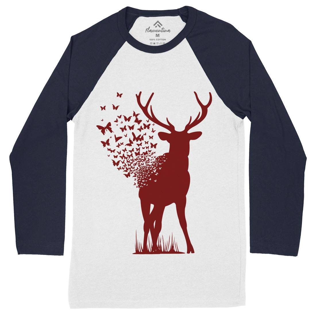 Deer Butterfly Mens Long Sleeve Baseball T-Shirt Animals B027