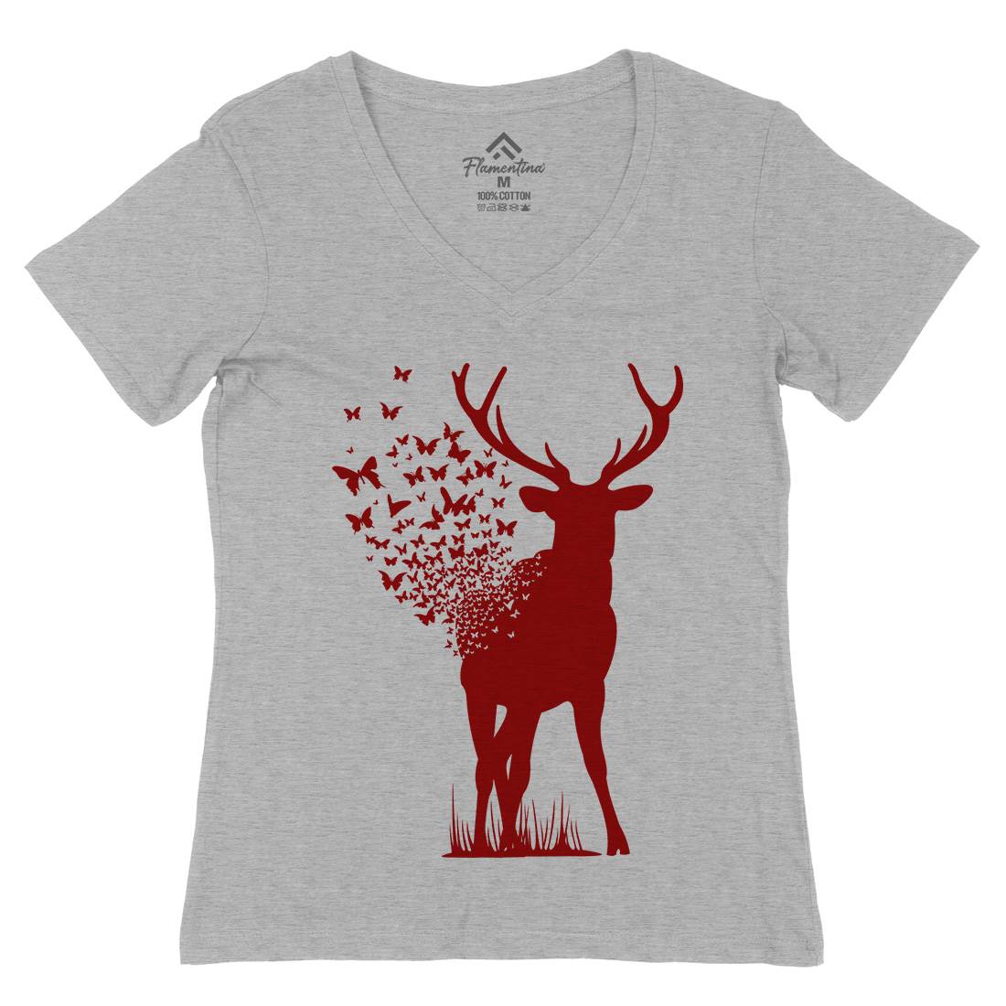 Deer Butterfly Womens Organic V-Neck T-Shirt Animals B027