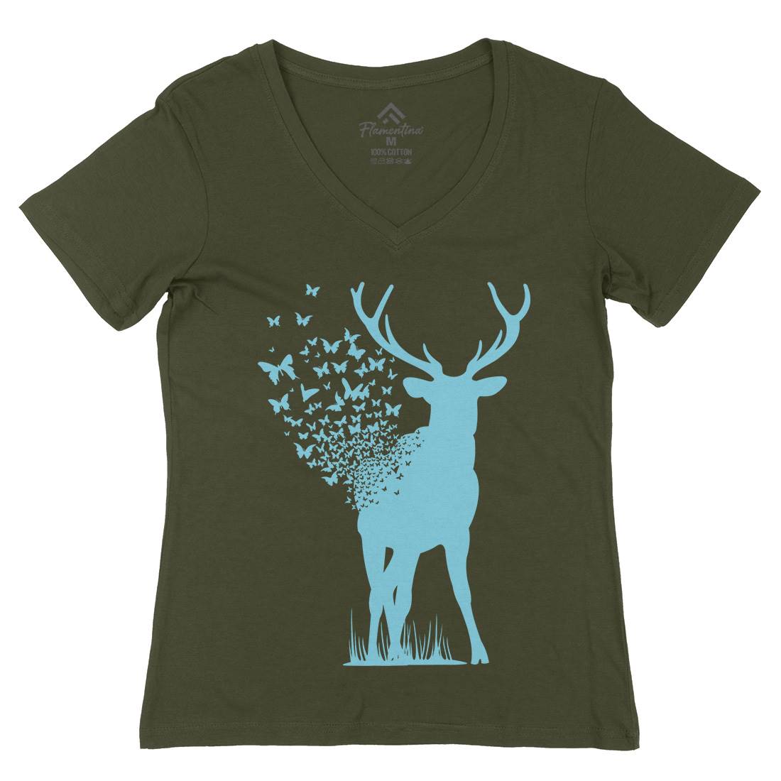 Deer Butterfly Womens Organic V-Neck T-Shirt Animals B027