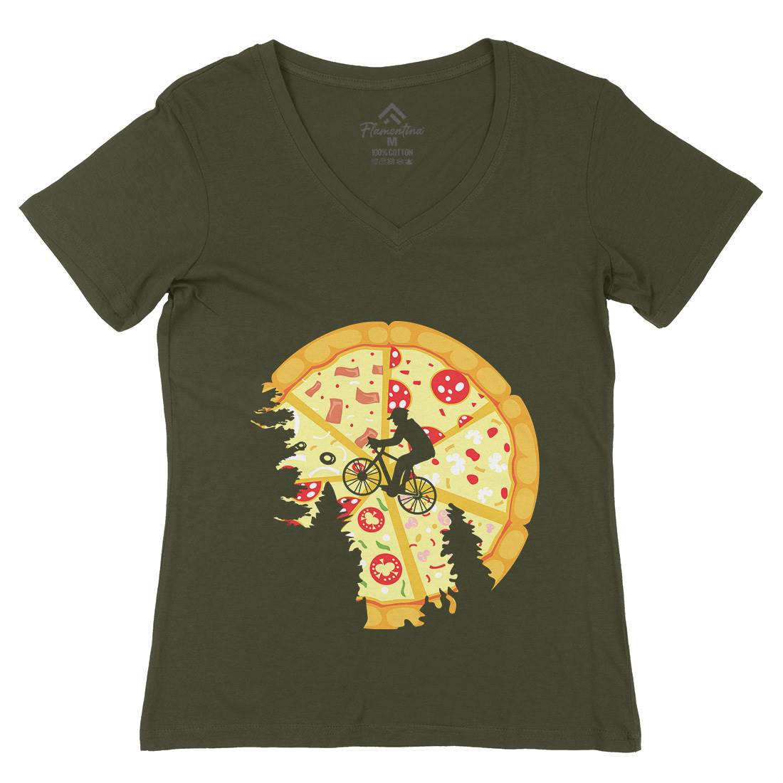 Pizza Moon Womens Organic V-Neck T-Shirt Food B066