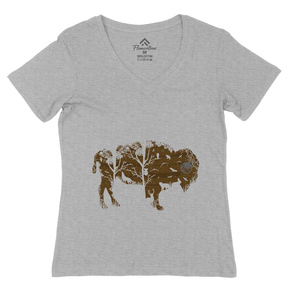 Wild Bison Womens Organic V-Neck T-Shirt Animals B095