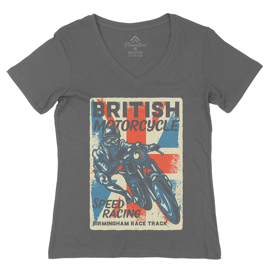 British Womens Organic V-Neck T-Shirt Motorcycles B140