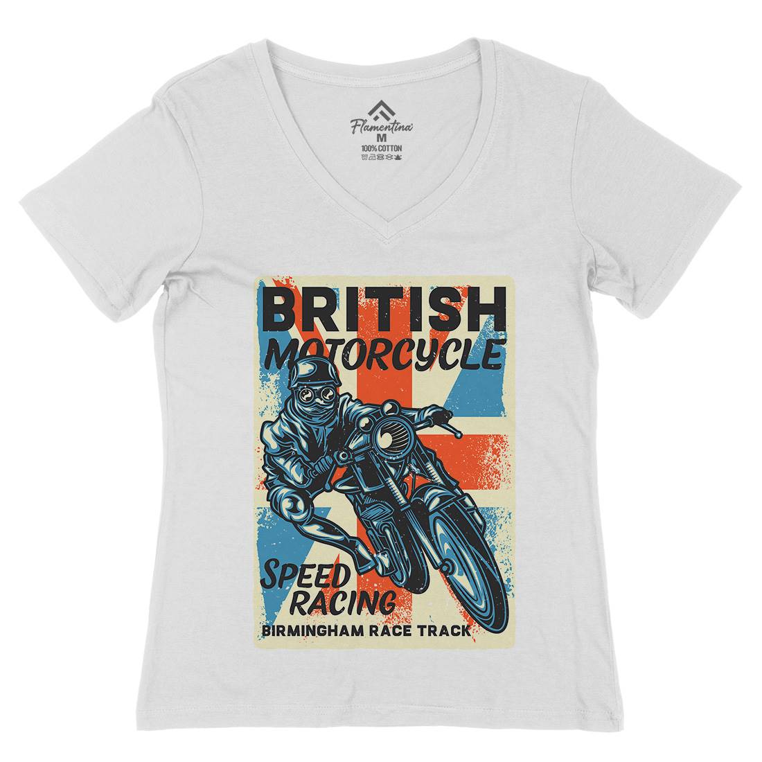 British Womens Organic V-Neck T-Shirt Motorcycles B140