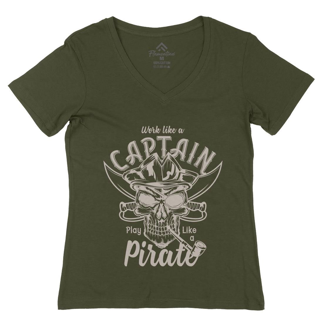 Pirate Womens Organic V-Neck T-Shirt Navy B156