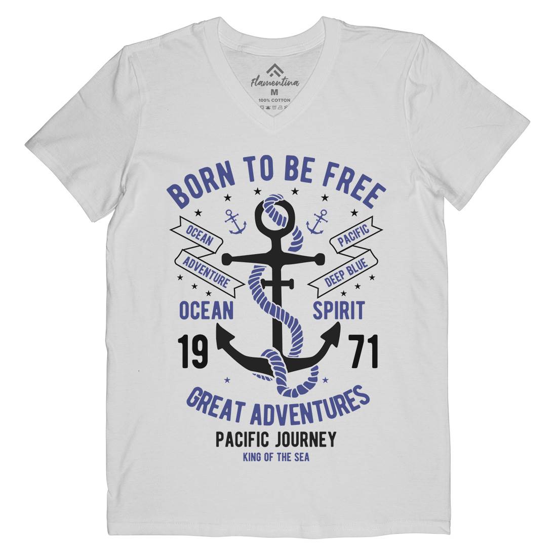 Born To Be Free Mens Organic V-Neck T-Shirt Navy B184