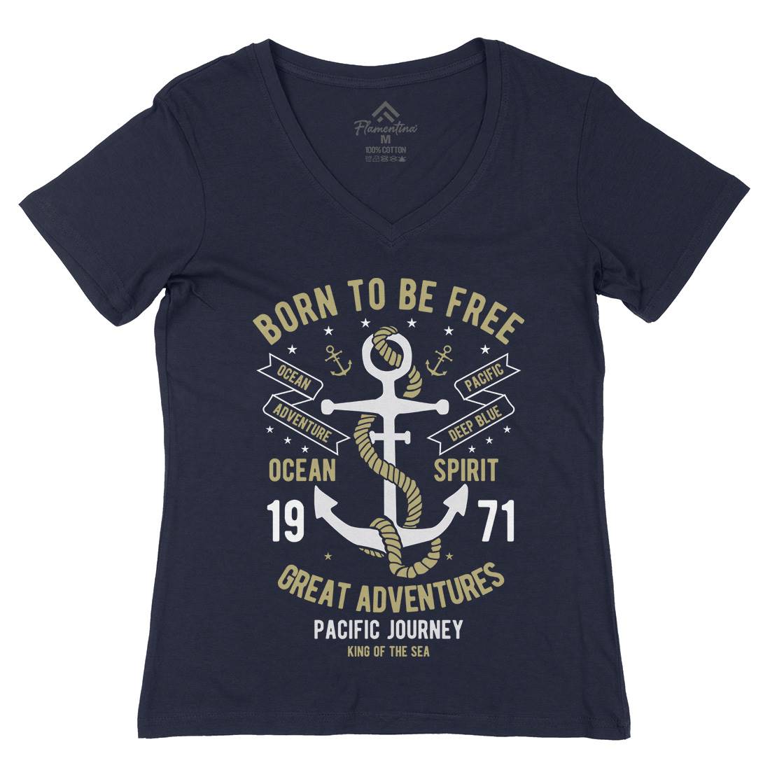Born To Be Free Womens Organic V-Neck T-Shirt Navy B184