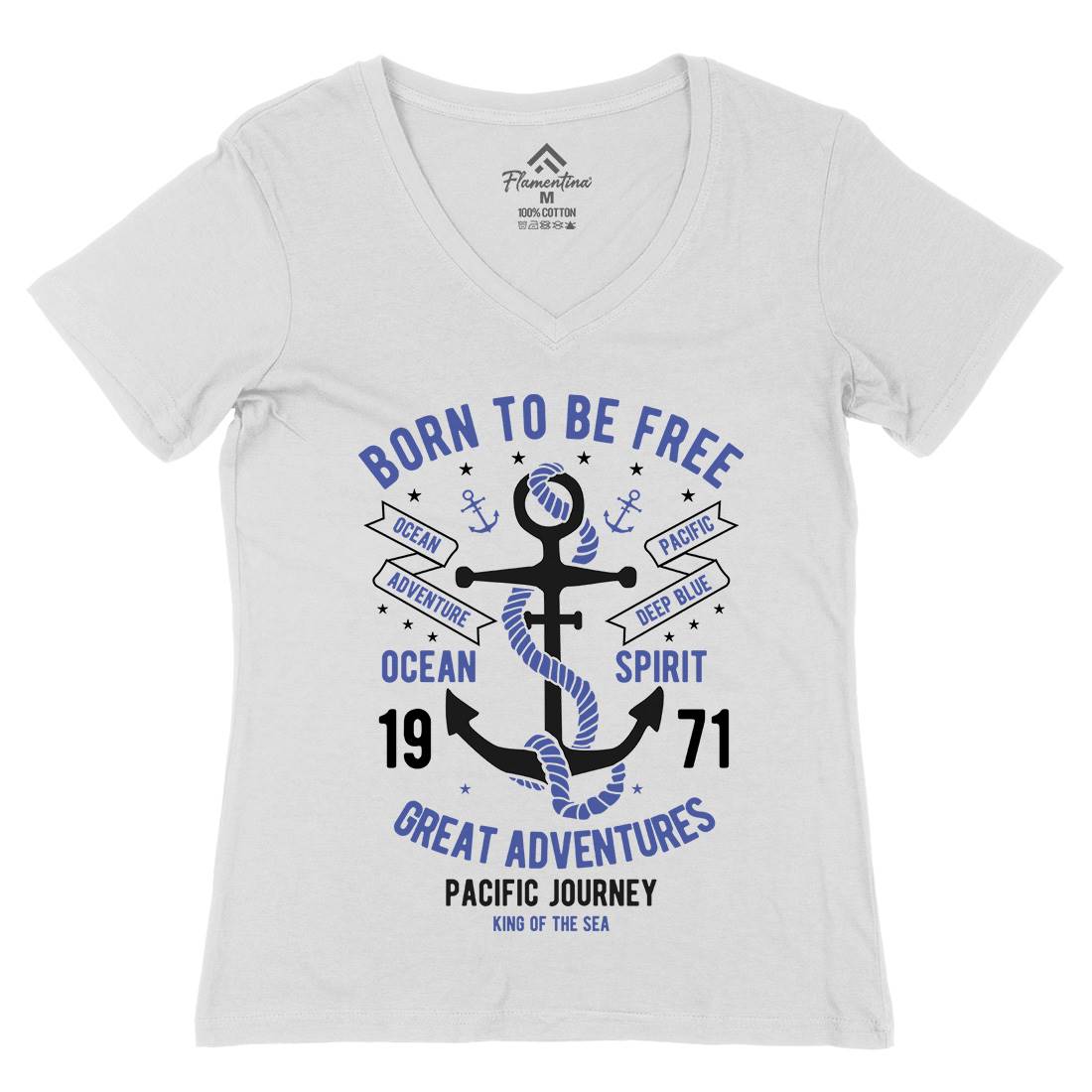Born To Be Free Womens Organic V-Neck T-Shirt Navy B184