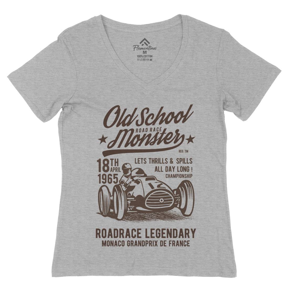 Old School Road Race Monster Womens Organic V-Neck T-Shirt Cars B240