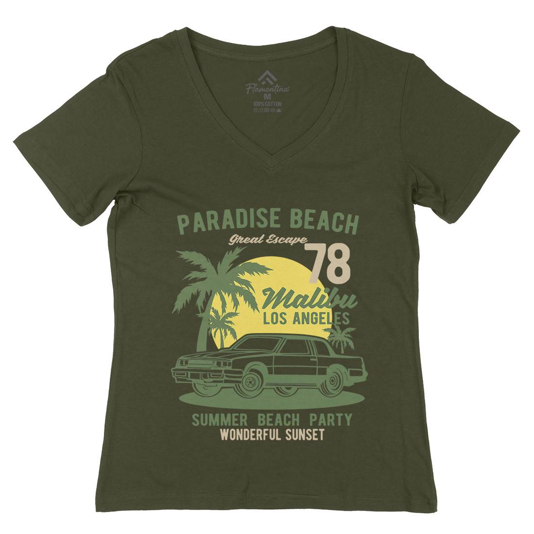 Paradise Beach Womens Organic V-Neck T-Shirt Cars B244