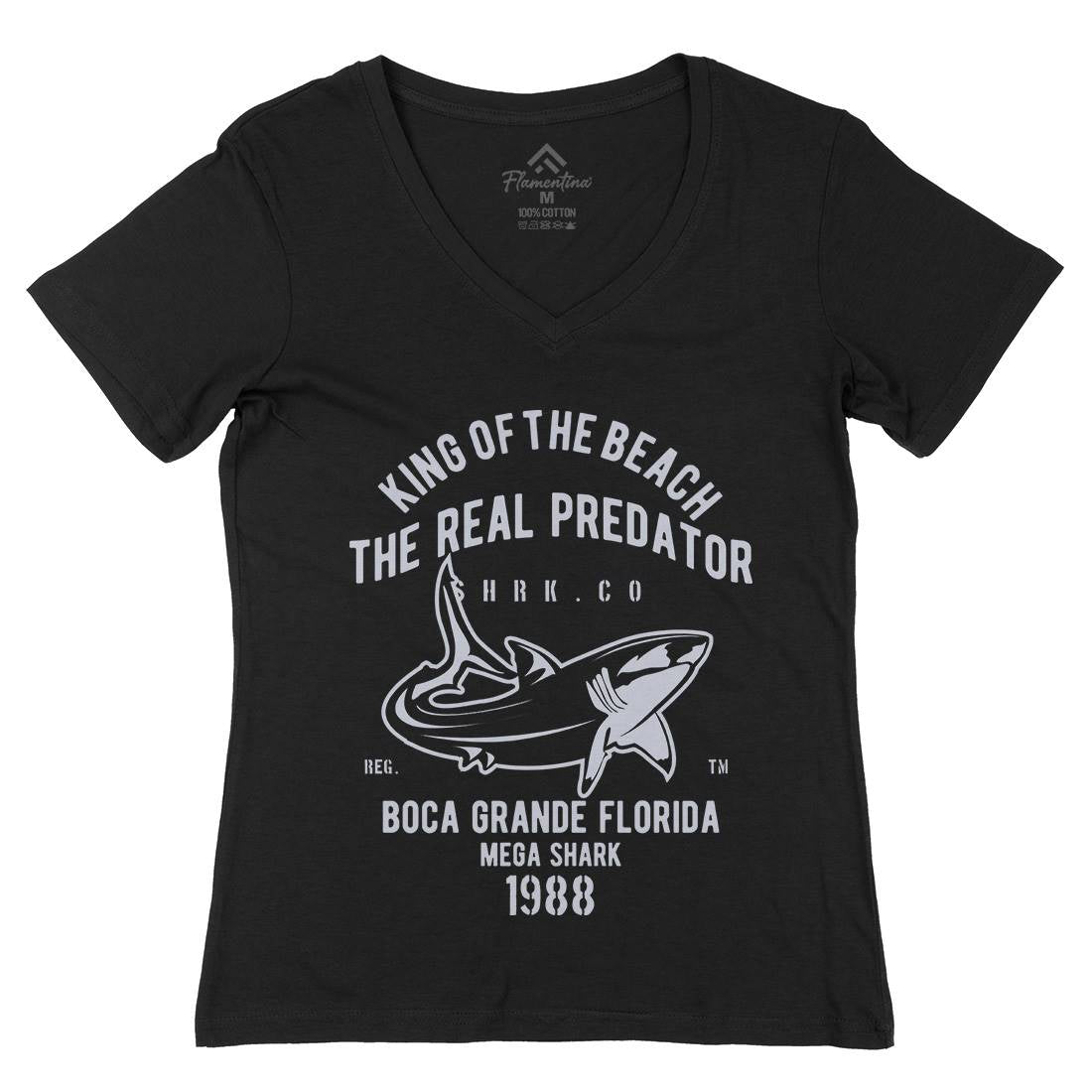 Shark Real Predator Womens Organic V-Neck T-Shirt Navy B253