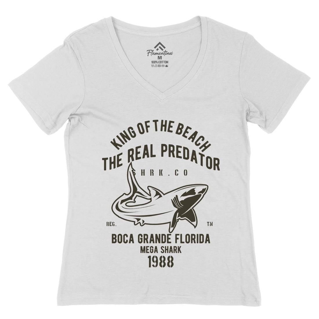 Shark Real Predator Womens Organic V-Neck T-Shirt Navy B253