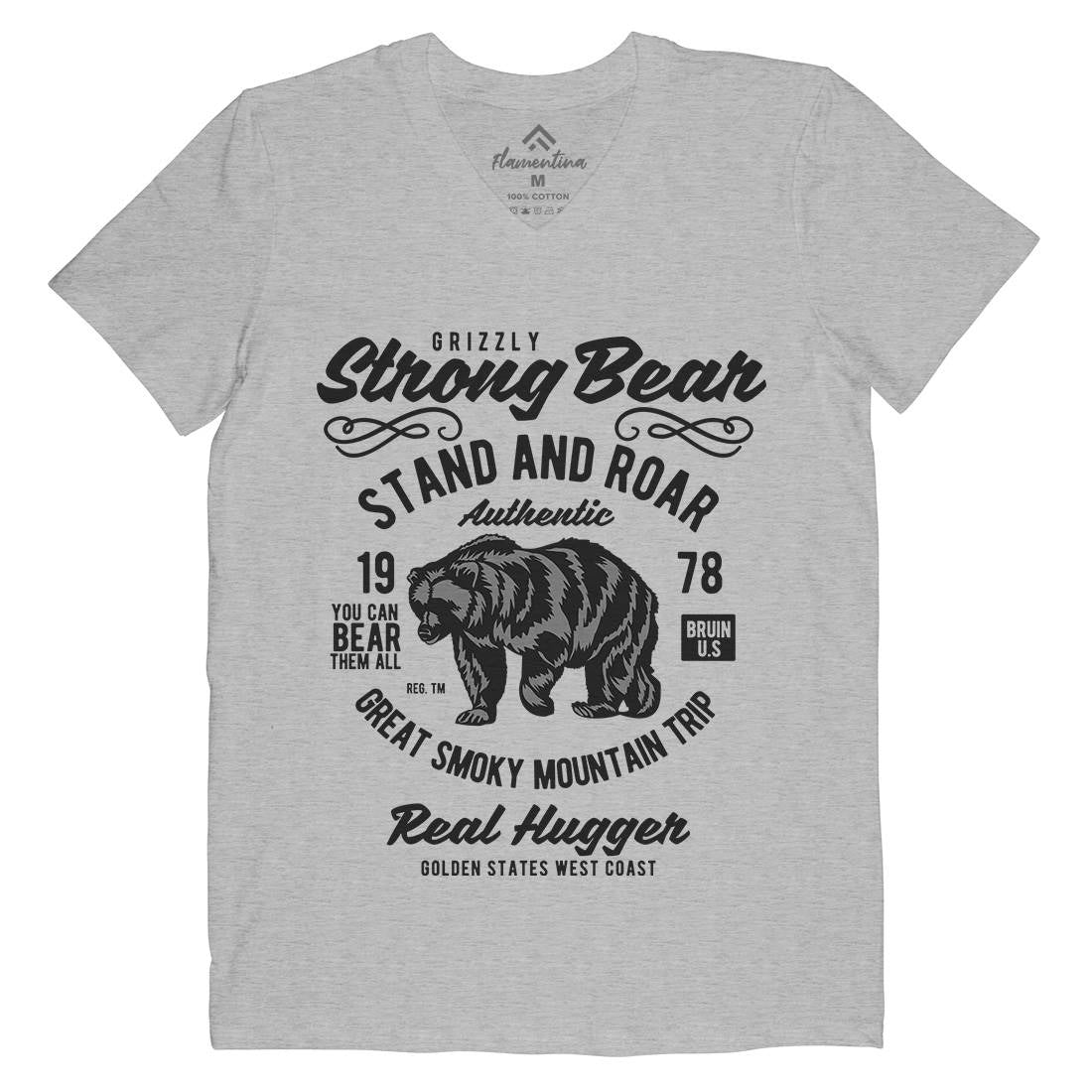 Strong Bear Mens Organic V-Neck T-Shirt Animals B259