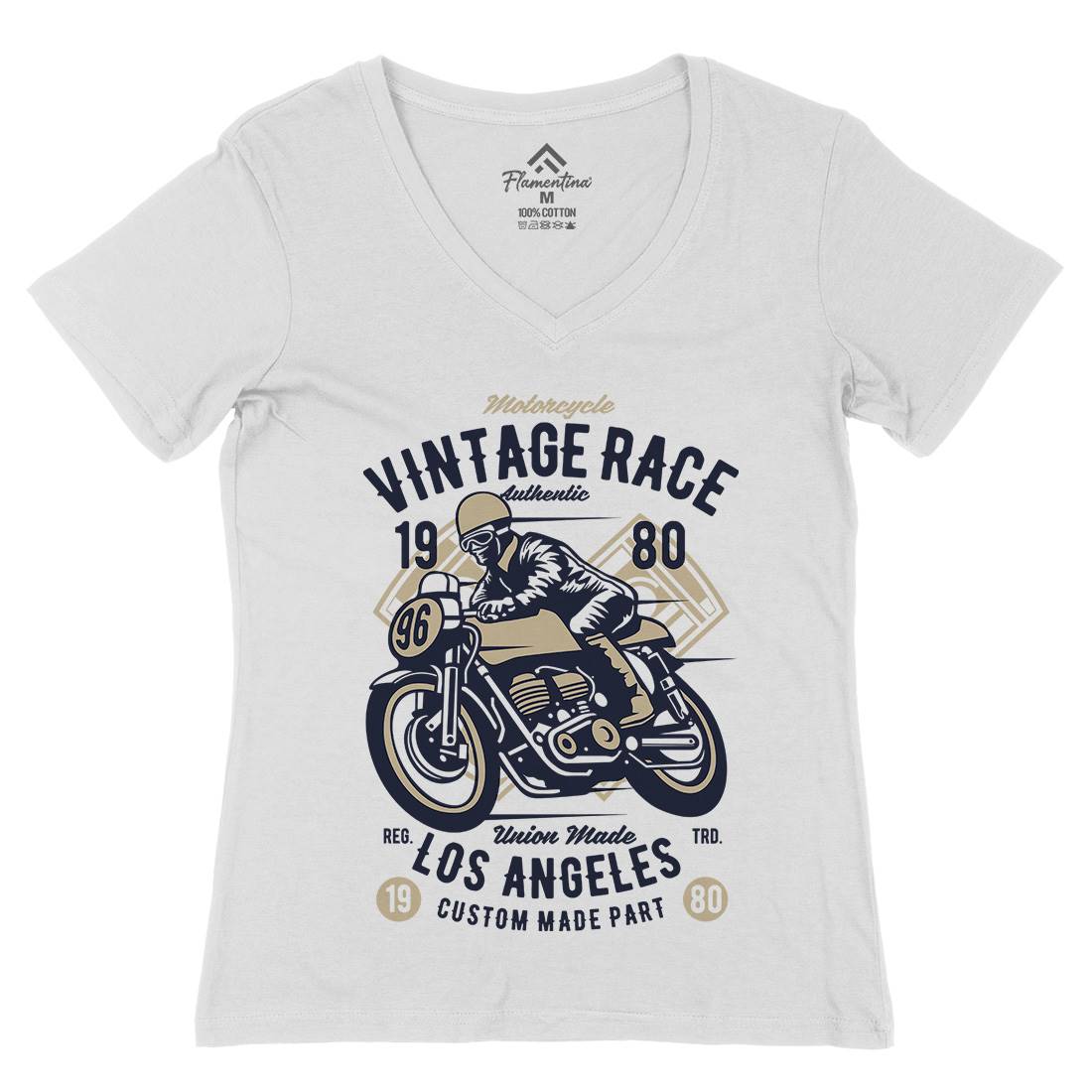Vintage Race Womens Organic V-Neck T-Shirt Motorcycles B269