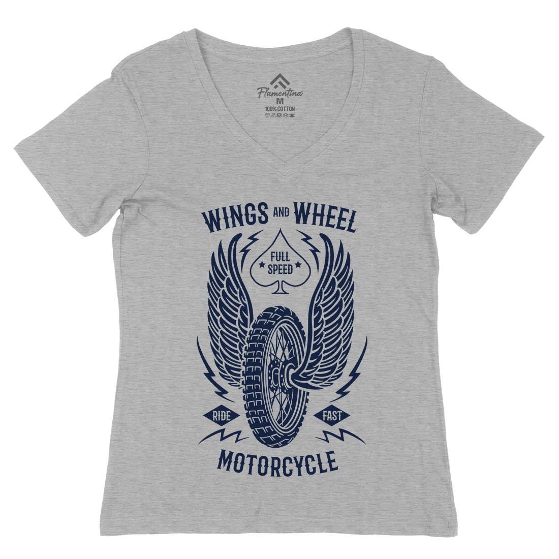 Wings And Wheel Womens Organic V-Neck T-Shirt Motorcycles B272