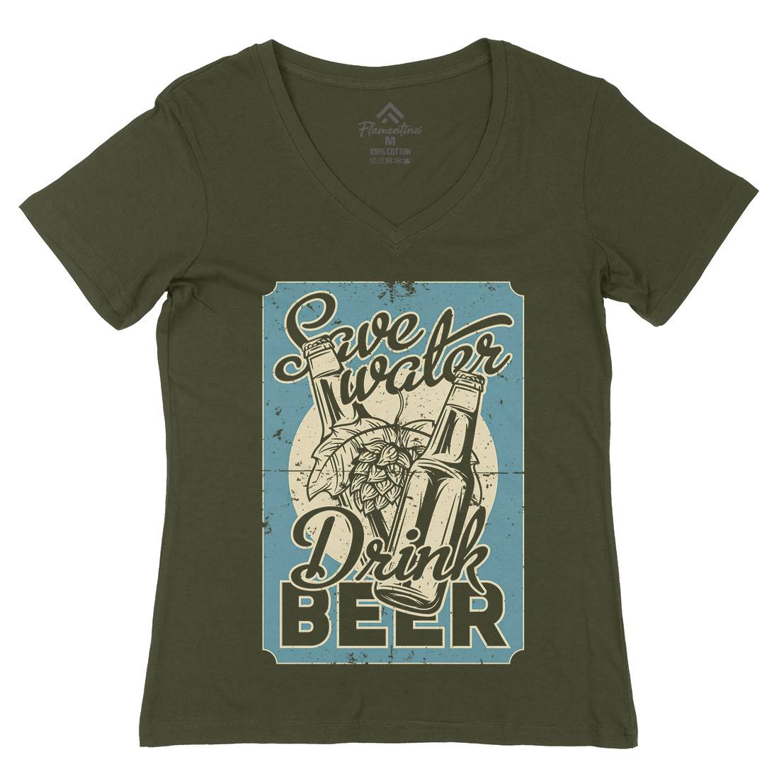 Save Water Drink Beer Womens Organic V-Neck T-Shirt Drinks B279