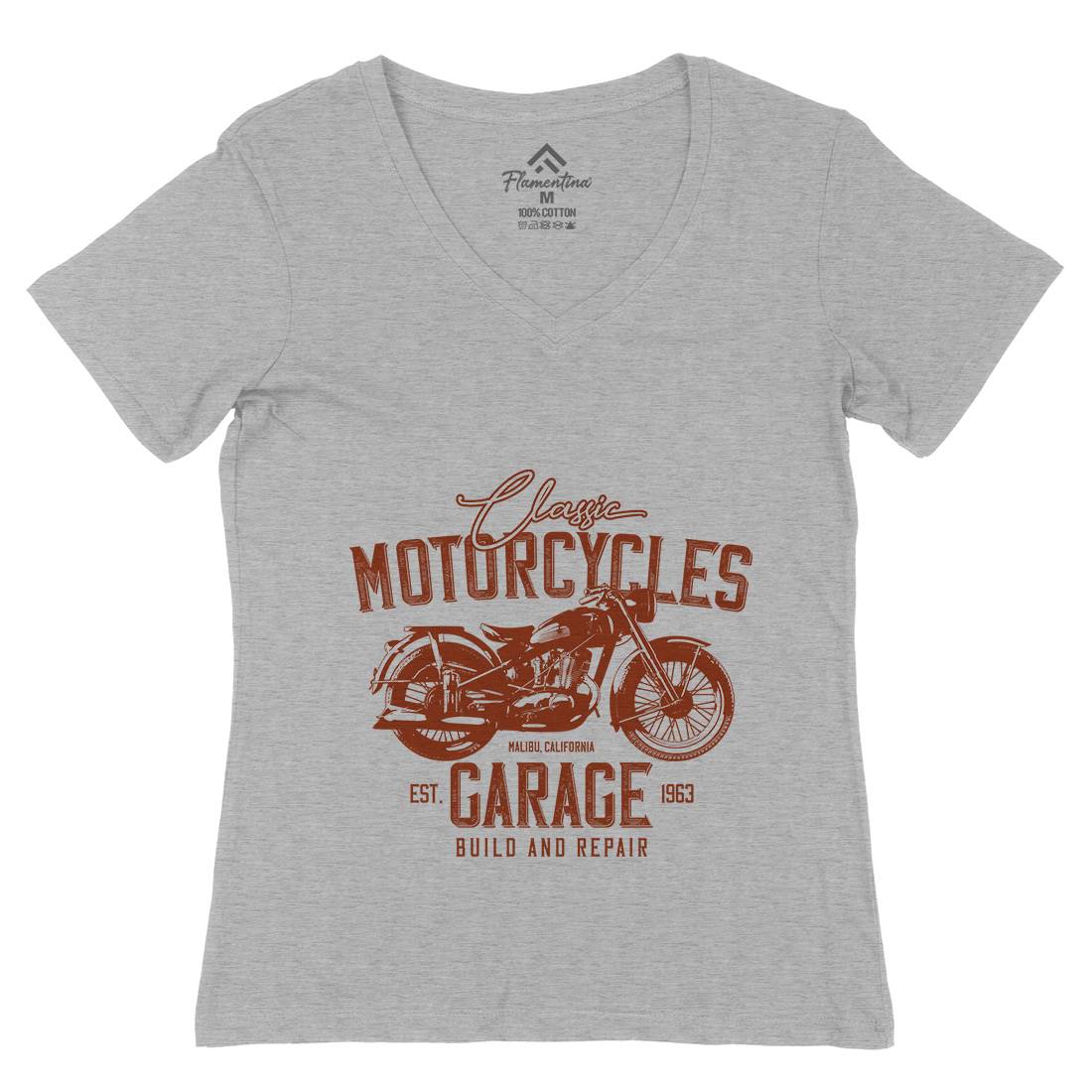 Garage Womens Organic V-Neck T-Shirt Motorcycles B315