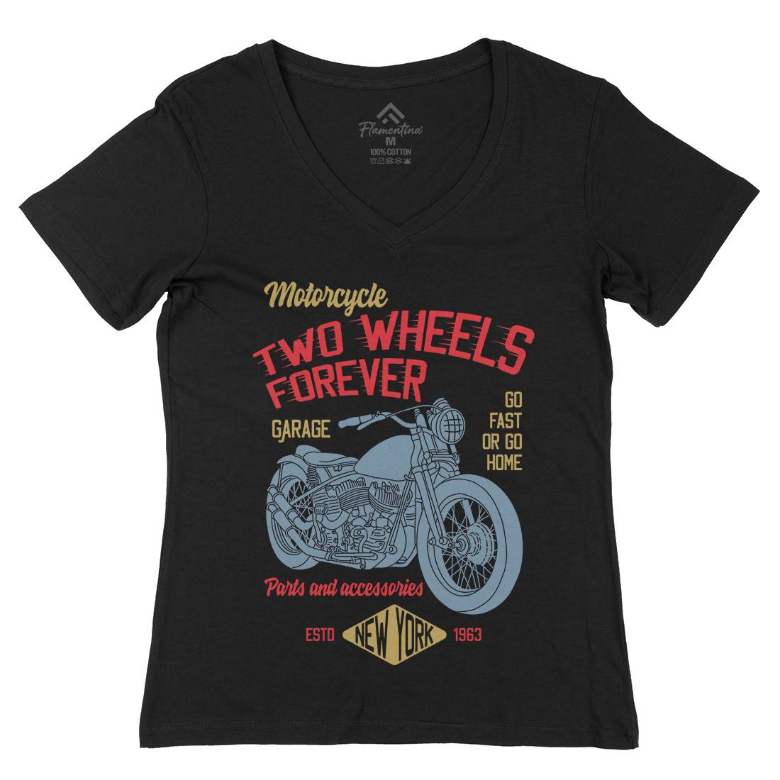 Two Wheels Womens Organic V-Neck T-Shirt Motorcycles B319