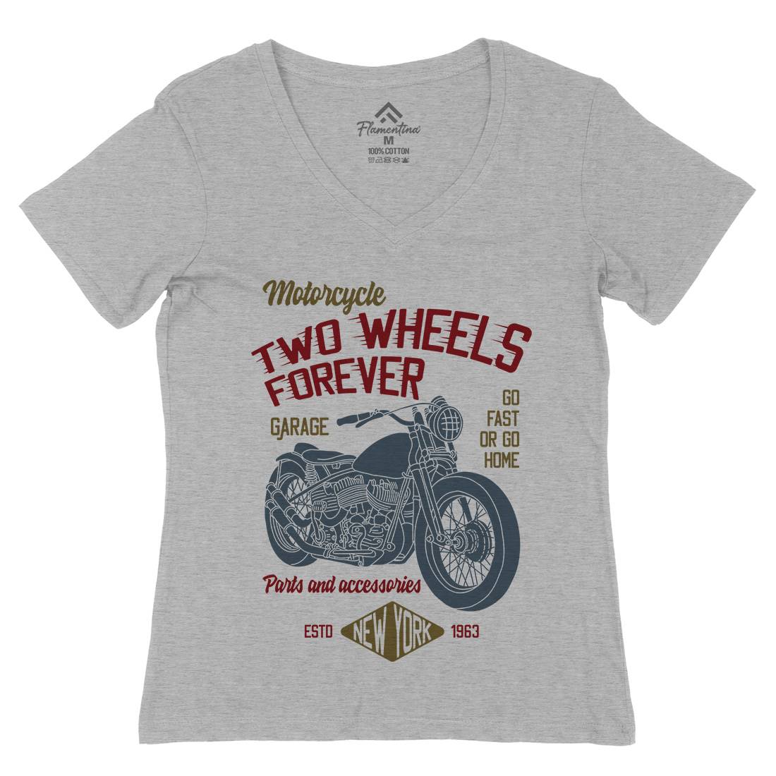 Two Wheels Womens Organic V-Neck T-Shirt Motorcycles B319