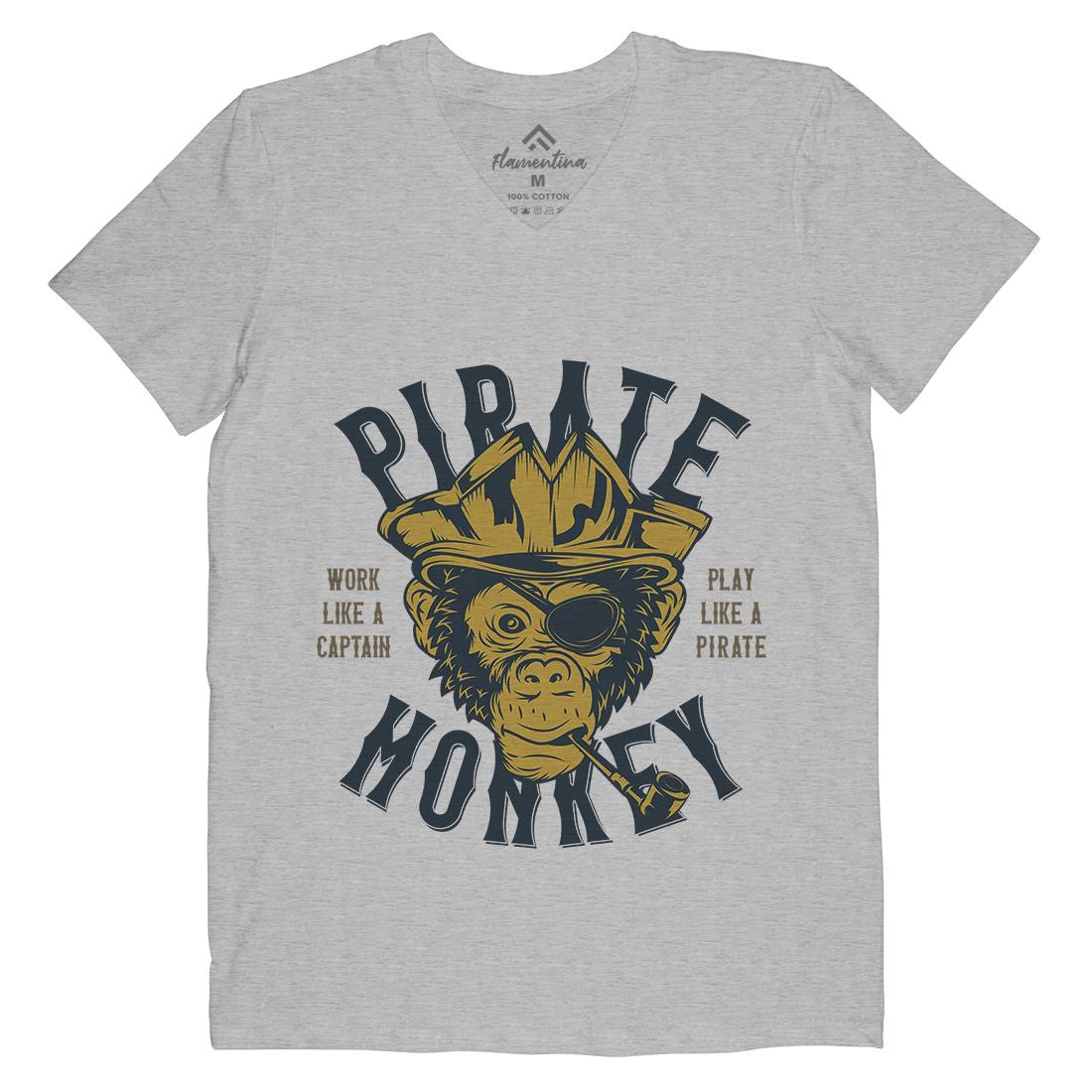 Pirate Monkey Mens Organic V-Neck T-Shirt Navy B328