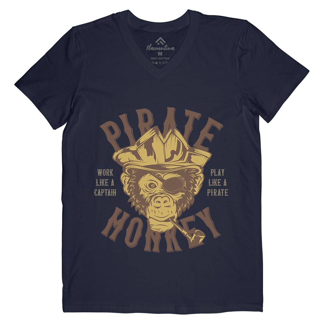 Pirate Monkey Mens Organic V-Neck T-Shirt Navy B328