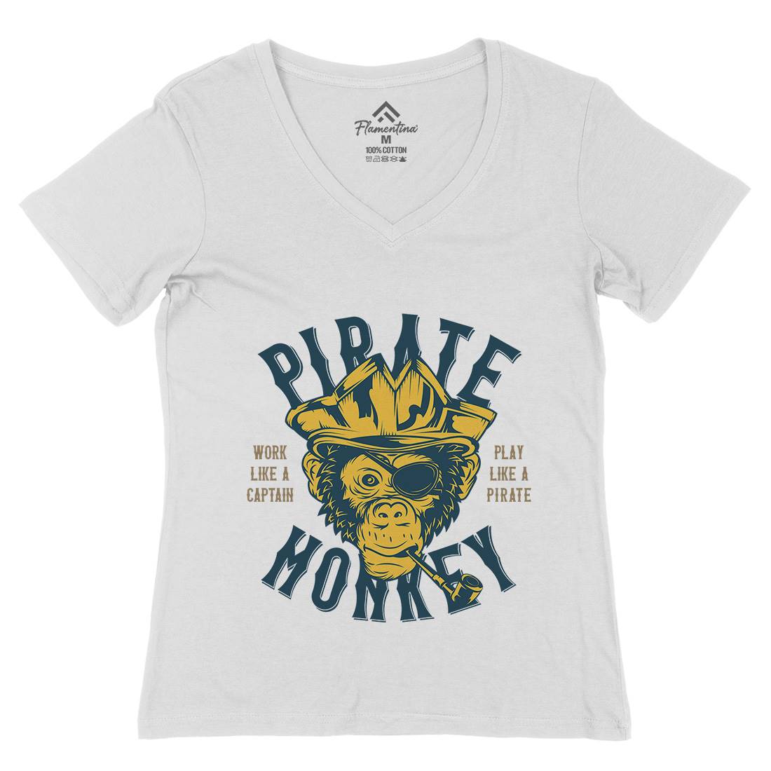 Pirate Monkey Womens Organic V-Neck T-Shirt Navy B328