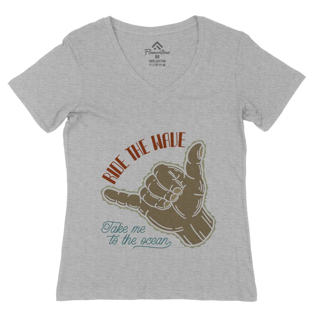 Ride The Wave Womens Organic V-Neck T-Shirt Navy B332