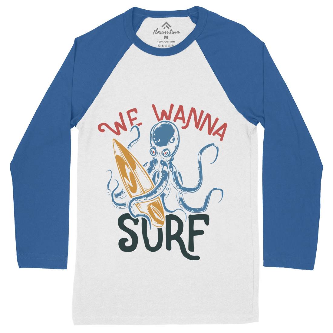 Octopus Surfing Mens Long Sleeve Baseball T-Shirt Surf B347