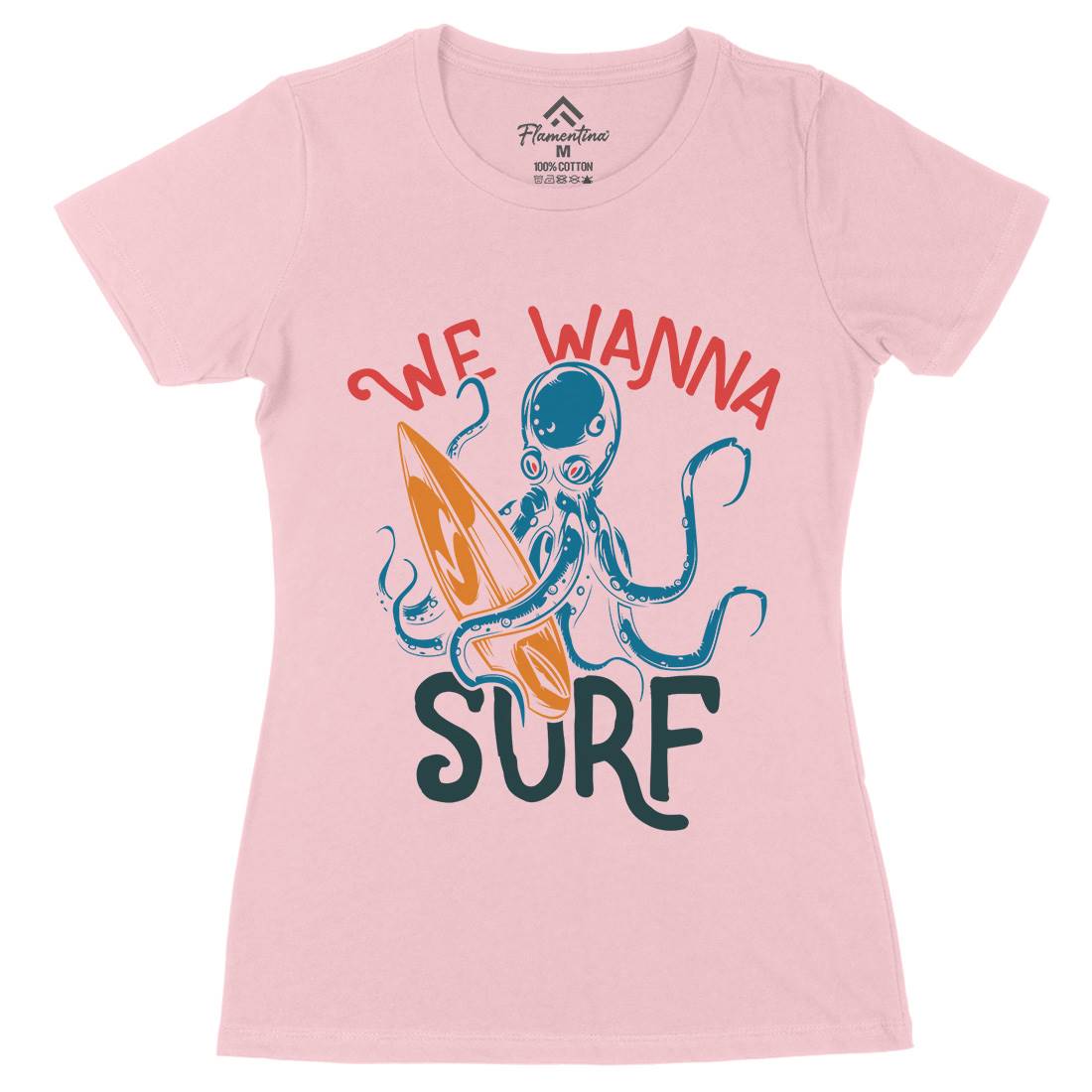 Octopus Surfing Womens Organic Crew Neck T-Shirt Surf B347