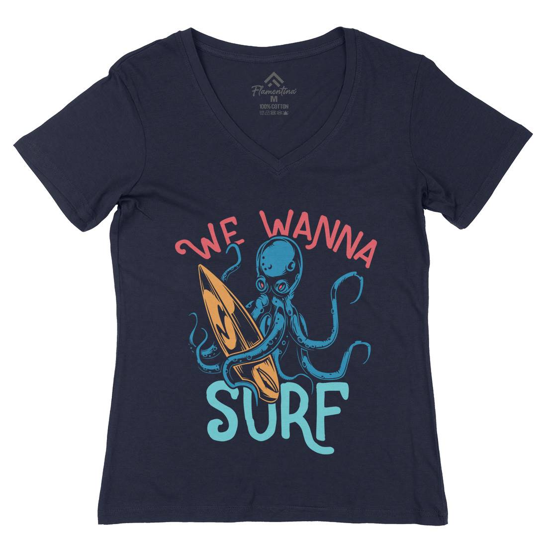 Octopus Surfing Womens Organic V-Neck T-Shirt Surf B347