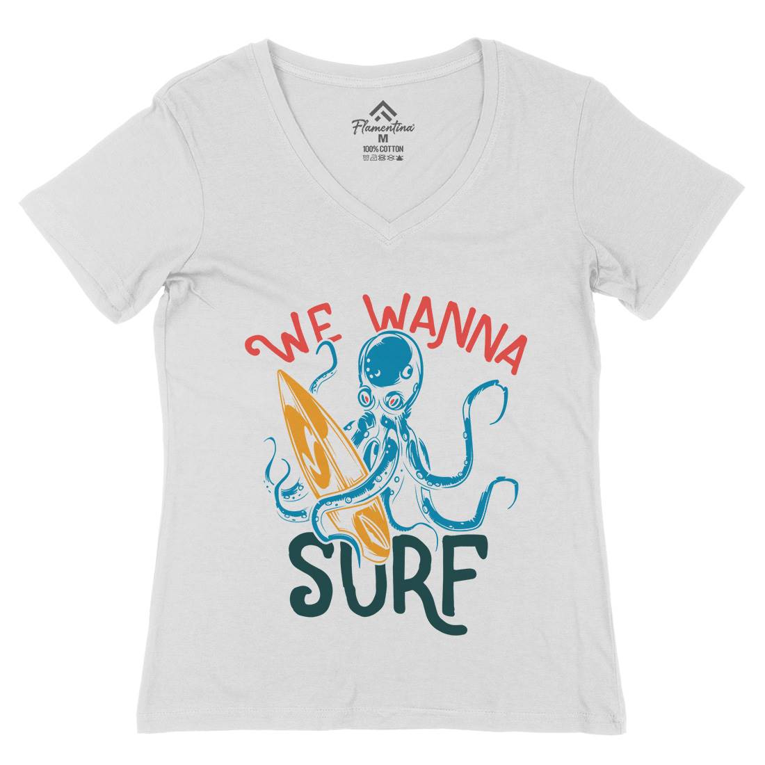 Octopus Surfing Womens Organic V-Neck T-Shirt Surf B347