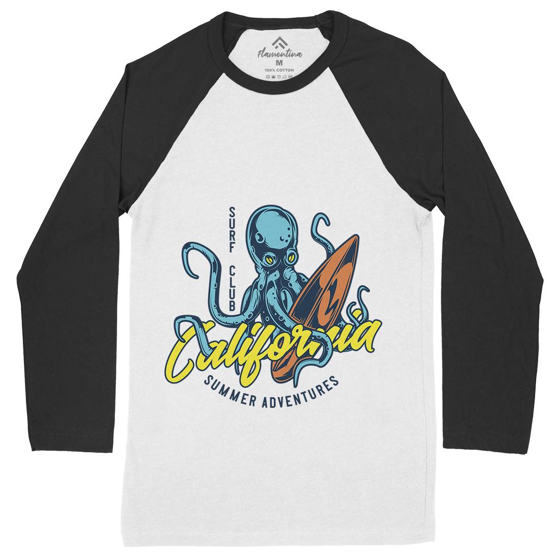 Octopus Surfing Mens Long Sleeve Baseball T-Shirt Surf B348